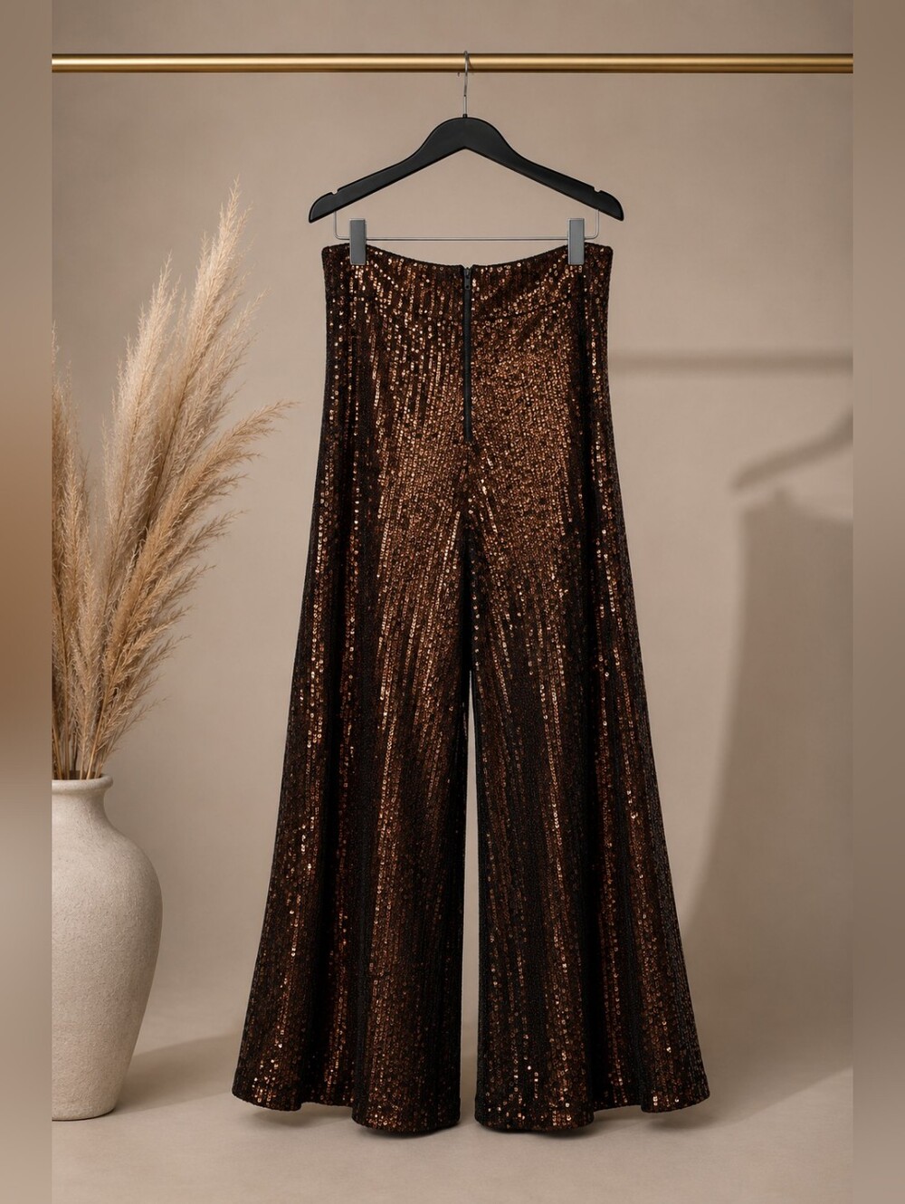 CHICME Bronze Sequin Wide Leg Pants Women's Medium Glam Party Evening Palazzo - Picture 5 of 9